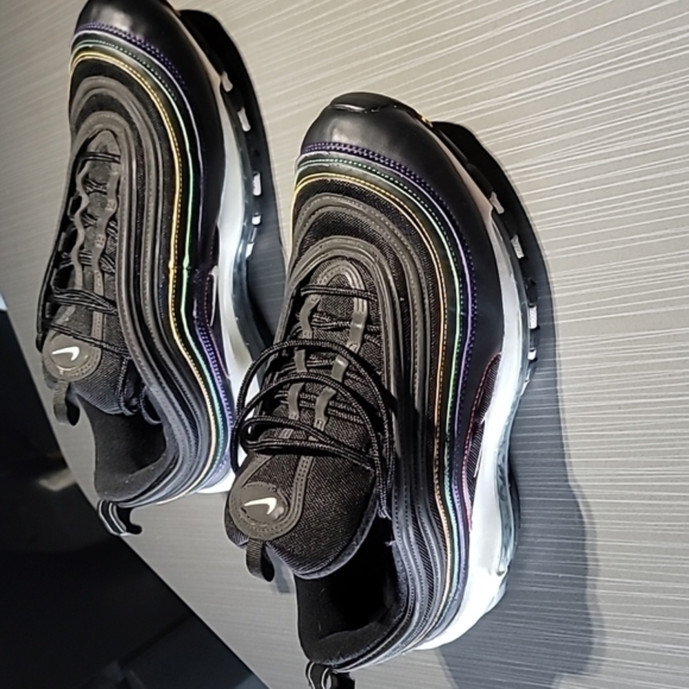 Nike Air Max 97 Black Leather&Mesh W/ Yellow/Green/Purple/Red Stitch Wo…‎